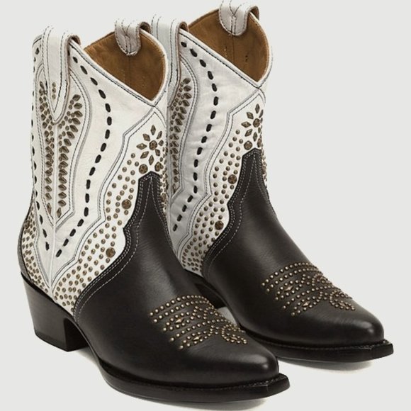 RARE Frye Tulsa Stud White Black Cowboy Pull-On Vintage Party/Festival Low Boots - Picture 3 of 14